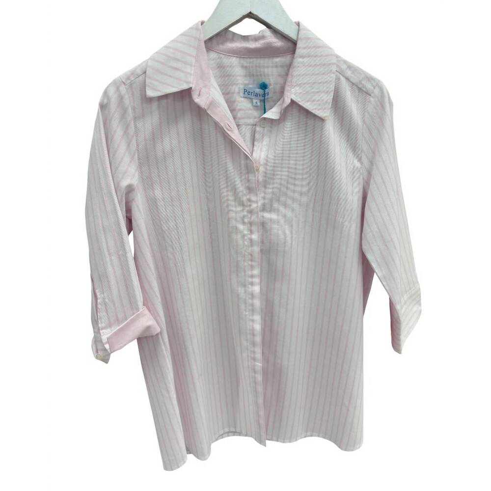 NEW PERLAVERA women's stripe slim shirt in pink white